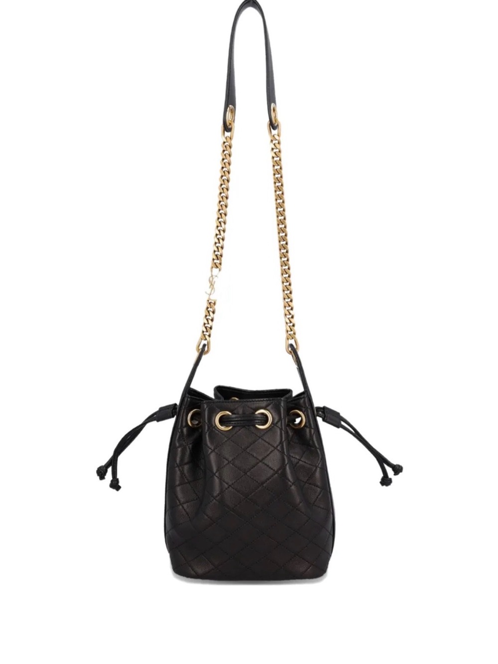 Black Quilted Drawstring Bucket Bag with Gold Chain Strap